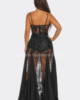 Celestial Elegance Sheer Lace Maxi Dress Black side view highlighting floor-length hemline