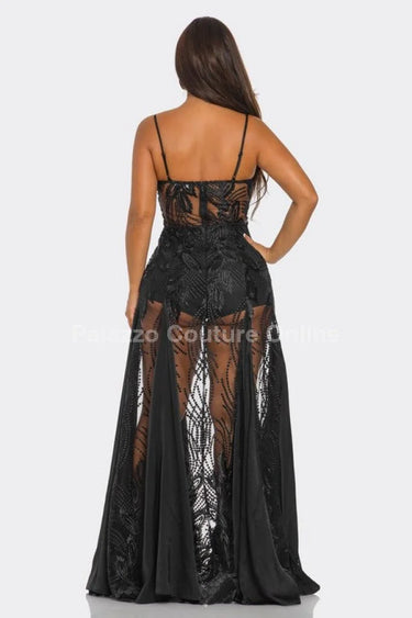 Celestial Elegance Sheer Lace Maxi Dress Black side view highlighting floor-length hemline