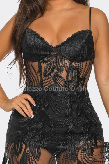 Elegant Black lace maxi dress on model styled for evening event