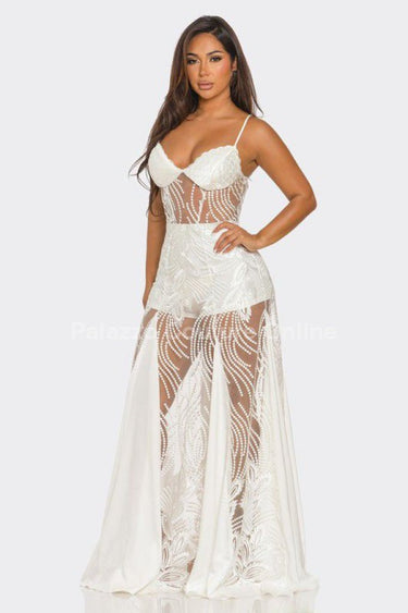Celestial Elegance Sheer Lace Maxi Dress White - Palazzo Couture Online
