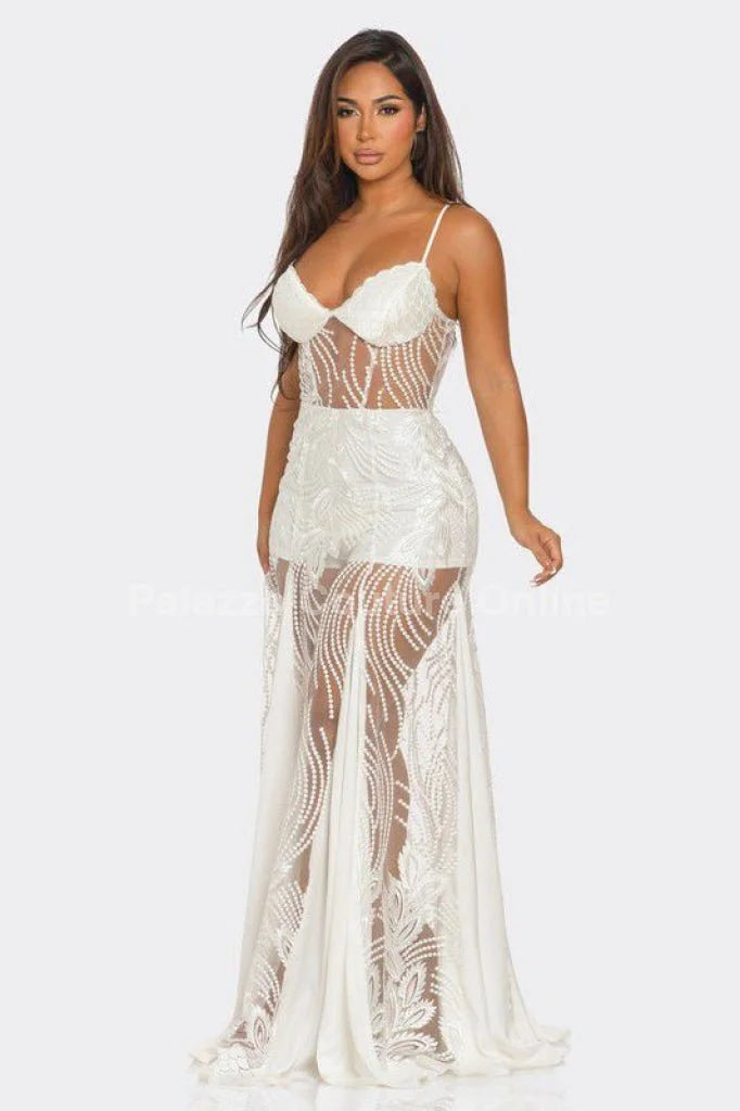 Palazzo Couture Online Women's Sheer Lace Maxi Dress, White, Size S