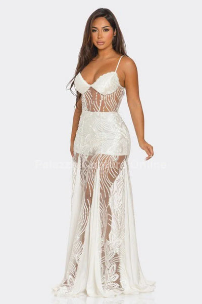 Palazzo Couture Online Women's Sheer Lace Maxi Dress, White, Size S
