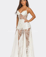 Celestial Elegance Sheer Lace Maxi Dress White front view showing full-length maxi silhouette