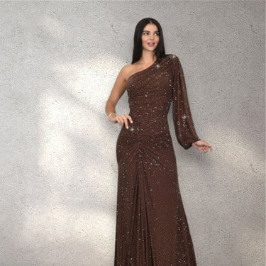 Celestial One - Shoulder Glamour Gown - Chocolate - Palazzo Couture Online