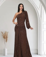 Celestial One - Shoulder Glamour Gown - Chocolate - Palazzo Couture Online