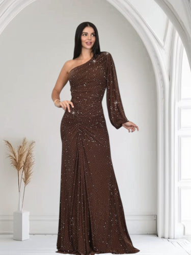 Celestial One - Shoulder Glamour Gown - Chocolate - Palazzo Couture Online