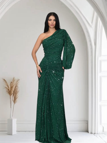 Celestial One - Shoulder Glamour Gown - Forest - Palazzo Couture Online