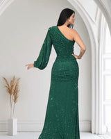 Celestial One - Shoulder Glamour Gown - Forest - Palazzo Couture Online
