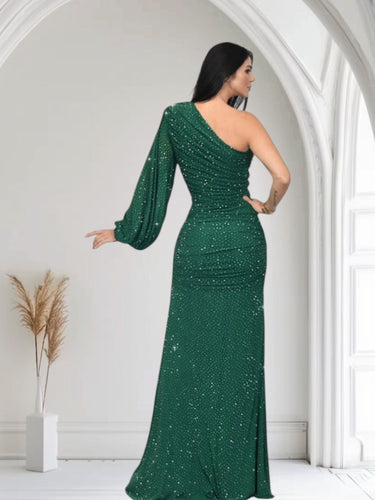 Celestial One - Shoulder Glamour Gown - Forest - Palazzo Couture Online