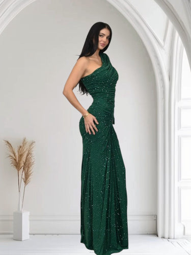 Celestial One - Shoulder Glamour Gown - Forest - Palazzo Couture Online