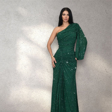 Celestial One - Shoulder Glamour Gown - Forest - Palazzo Couture Online