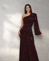 Celestial One - Shoulder Glamour Gown - Maroon - Palazzo Couture Online