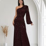 Celestial One - Shoulder Glamour Gown - Maroon - Palazzo Couture Online