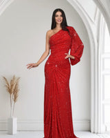 Celestial One - Shoulder Glamour Gown - Red - Palazzo Couture Online