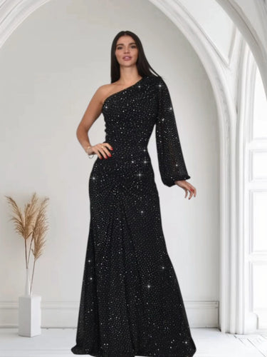 Celestial One Shoulder Gown in Black with Shimmer Finish close up detail of one shoulder design and fabric