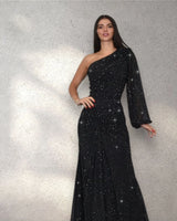 Celestial One Shoulder Gown in Black with Shimmer Finish front view showing full-length maxi silhouette
