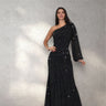 Celestial One Shoulder Gown in Black with Shimmer Finish front view showing full-length maxi silhouette