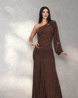 Celestial One Shoulder Gown in Chocolate with Shimmer Finish close up detail of one shoulder design and fabric