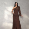 Celestial One Shoulder Gown in Chocolate with Shimmer Finish close up detail of one shoulder design and fabric