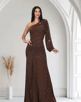 Celestial One Shoulder Gown in Chocolate with Shimmer Finish front view showing full-length maxi silhouette