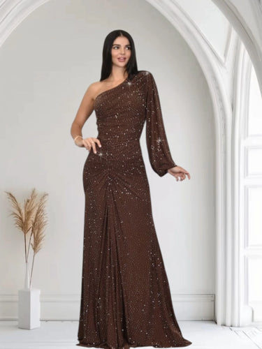Celestial One Shoulder Gown in Chocolate with Shimmer Finish front view showing full-length maxi silhouette