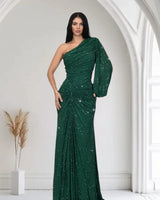 Celestial One Shoulder Gown in Forest with Shimmer Finish close up detail of one shoulder design and fabric