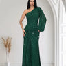 Celestial One Shoulder Gown in Forest with Shimmer Finish close up detail of one shoulder design and fabric