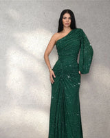 Celestial One Shoulder Gown in Forest with Shimmer Finish front view showing full-length maxi silhouette