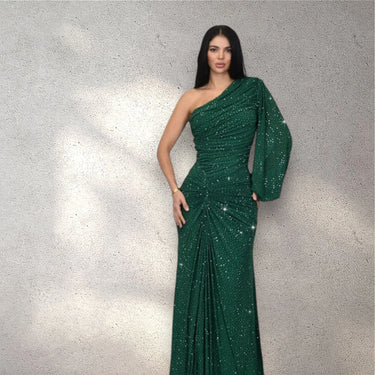 Celestial One Shoulder Gown in Forest with Shimmer Finish front view showing full-length maxi silhouette
