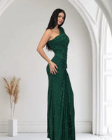 Celestial One Shoulder Gown in Forest with Shimmer Finish side view highlighting floor-length hemline
