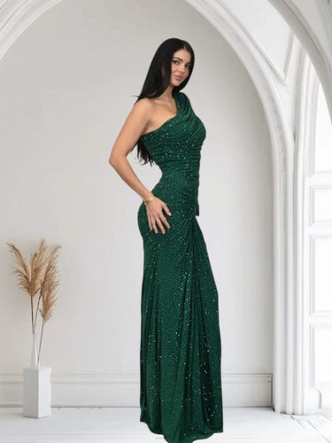 Celestial One Shoulder Gown in Forest with Shimmer Finish side view highlighting floor-length hemline
