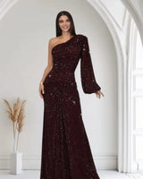 Celestial One Shoulder Gown in Maroon with Shimmer Finish close up detail of one shoulder design and fabric