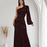 Celestial One Shoulder Gown in Maroon with Shimmer Finish close up detail of one shoulder design and fabric