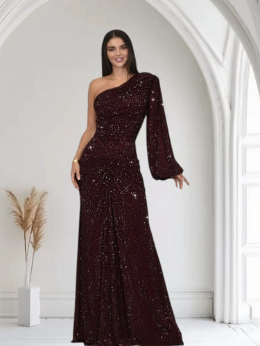 Celestial One Shoulder Gown in Maroon with Shimmer Finish close up detail of one shoulder design and fabric