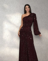 Celestial One Shoulder Gown in Maroon with Shimmer Finish front view showing full-length maxi silhouette
