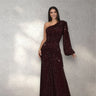 Celestial One Shoulder Gown in Maroon with Shimmer Finish front view showing full-length maxi silhouette