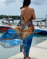 Celina Animal Print Dream Maxi Dress close up detail of print design and fabric