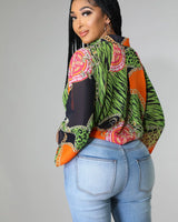 Charity Babe Printed Tie Top with Plunging Neckline and Long Sleeves side view showing fit and silhouette