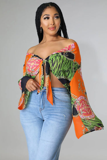Charity Babe Printed Tie Top with Plunging Neckline and Long Sleeves close up of print fabric and sleeve detail