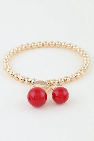 Cherry Charm Beaded Bracelet Gold Red - women's statement jewelry