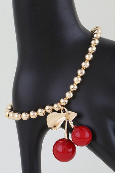 Cherry Charm Beaded Bracelet Gold Red - Palazzo Couture Online