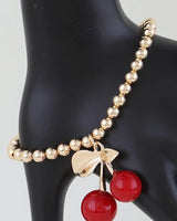 Cherry Charm Beaded Bracelet Gold Red for women - fashion jewelry by Palazzo Couture