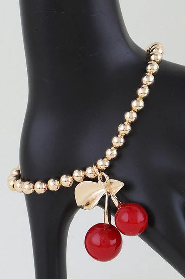 Cherry Charm Beaded Bracelet Gold Red for women - fashion jewelry by Palazzo Couture