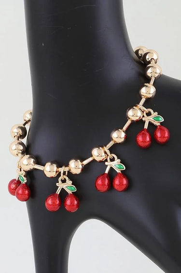 Cherry Pop Charm Bracelet Gold Red - women's statement jewelry