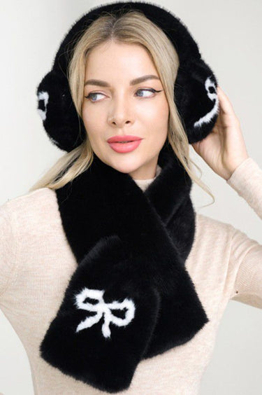 Chic Bow Fluffy Winter Scarf & Ear Muff Set - Black - Palazzo Couture Online