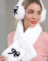 Chic Bow Fluffy Winter Scarf & Ear Muff Set - White - Palazzo Couture Online