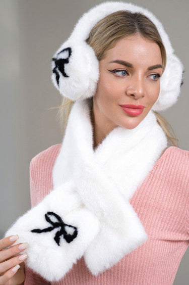 Chic Bow Fluffy Winter Scarf & Ear Muff Set - White - Palazzo Couture Online