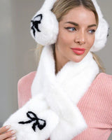 white fluffy winter scarf and bow ear muff set front view
