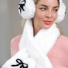white fluffy winter scarf and bow ear muff set front view