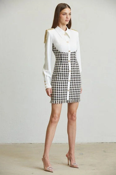 Chic Commander Mini Dress (White/Black) close up detail of elegant design